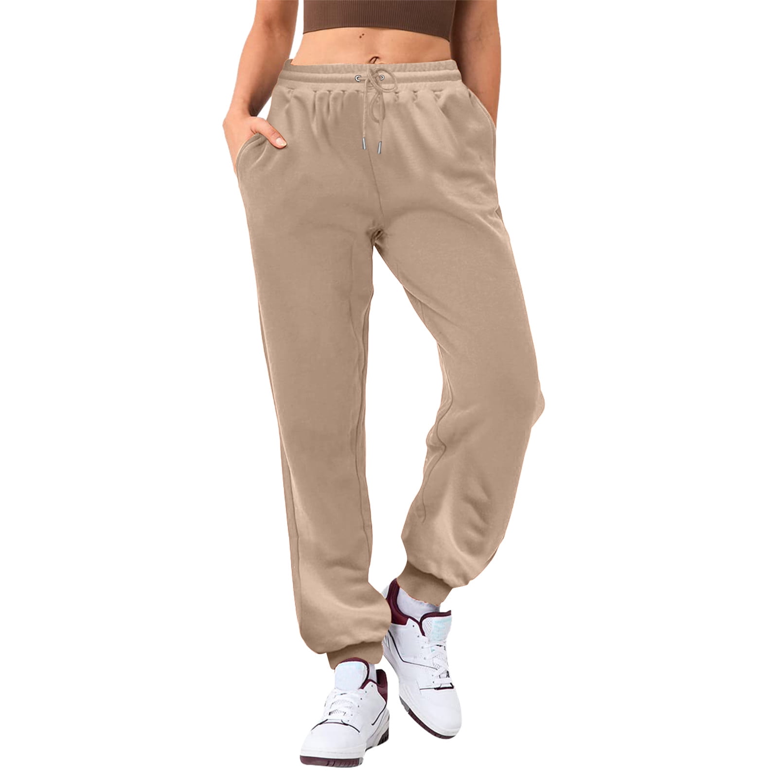 Women's Solid Leisure Sweatpant, Size S-2XL, Big&Tall, Beige, Polyester, Ladies Solid Color Drawstring Elastic Waist Casual Loose Foot Fleece Sweatpants
