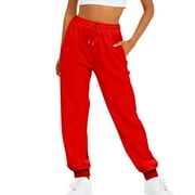 Fulijie Women's Solid Leisure Sweatpant, Size S-2XL, Big&Tall, Red, Polyester, Ladies Solid Color Drawstring Elastic Waist Casual Loose Foot Fleece Sweatpants