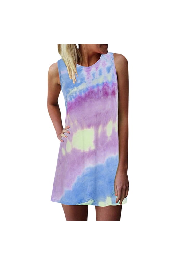 Women's Tie-Dye Short Sleeves Crew Neck Leisure T-Shirts, Size S-XL, Purple, Women's Daily O Neck Sleeveless T Shirt Dress Tie-dye Print Tank Mini Dress