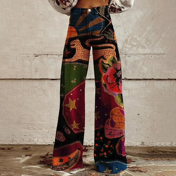 Fulijie Women's Vintage Flower Print Casual Wide Leg Pants, Black Yoga Pants with Pockets for Women, Polyester,Spandex White Pants Women, Summer Outfits for Women, Linen Set for Women