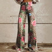 FULIJIE Women's Vintage Flower Print Casual Wide Leg Pants, Pink Jeggings for Women, Polyester,Spandex Skirts for Women, Lounge Pants Women, Yoga Pants Women