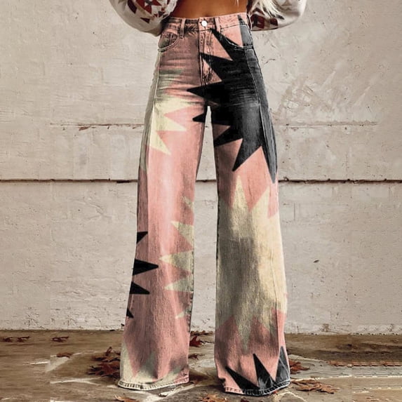 Fulijie Women's Vintage Flower Print Casual Wide Leg Pants, Pink Yoga Pants, Polyester,Spandex Lounge Pants Women, Yoga Pants with Pockets for Women, Teacher Outfits for Women
