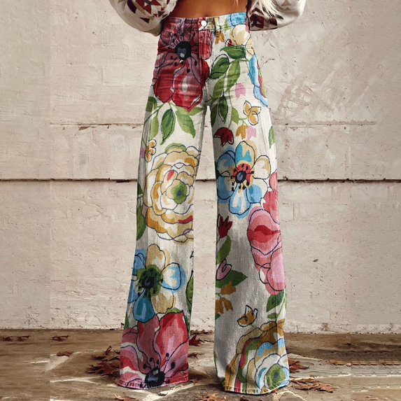 Fulijie Women's Vintage Flower Print Casual Wide Leg Pants, White Vacation Outfits for Women, Polyester,Spandex Lounge Pants Women, Yoga Pants Women, Petite Pants for Women