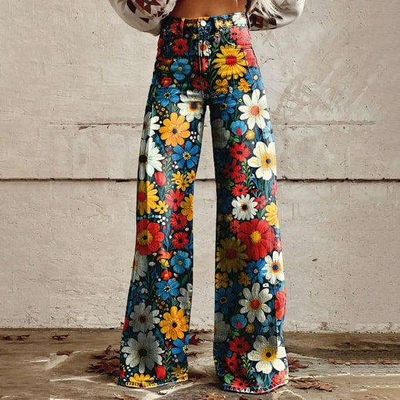 Fulijie Women's Vintage Flower Print Casual Wide Leg Pants, Yellow Lounge Pants Women, Polyester,Spandex Wide Leg Pants Woman, Casual Pants for Women, Jeans for Women