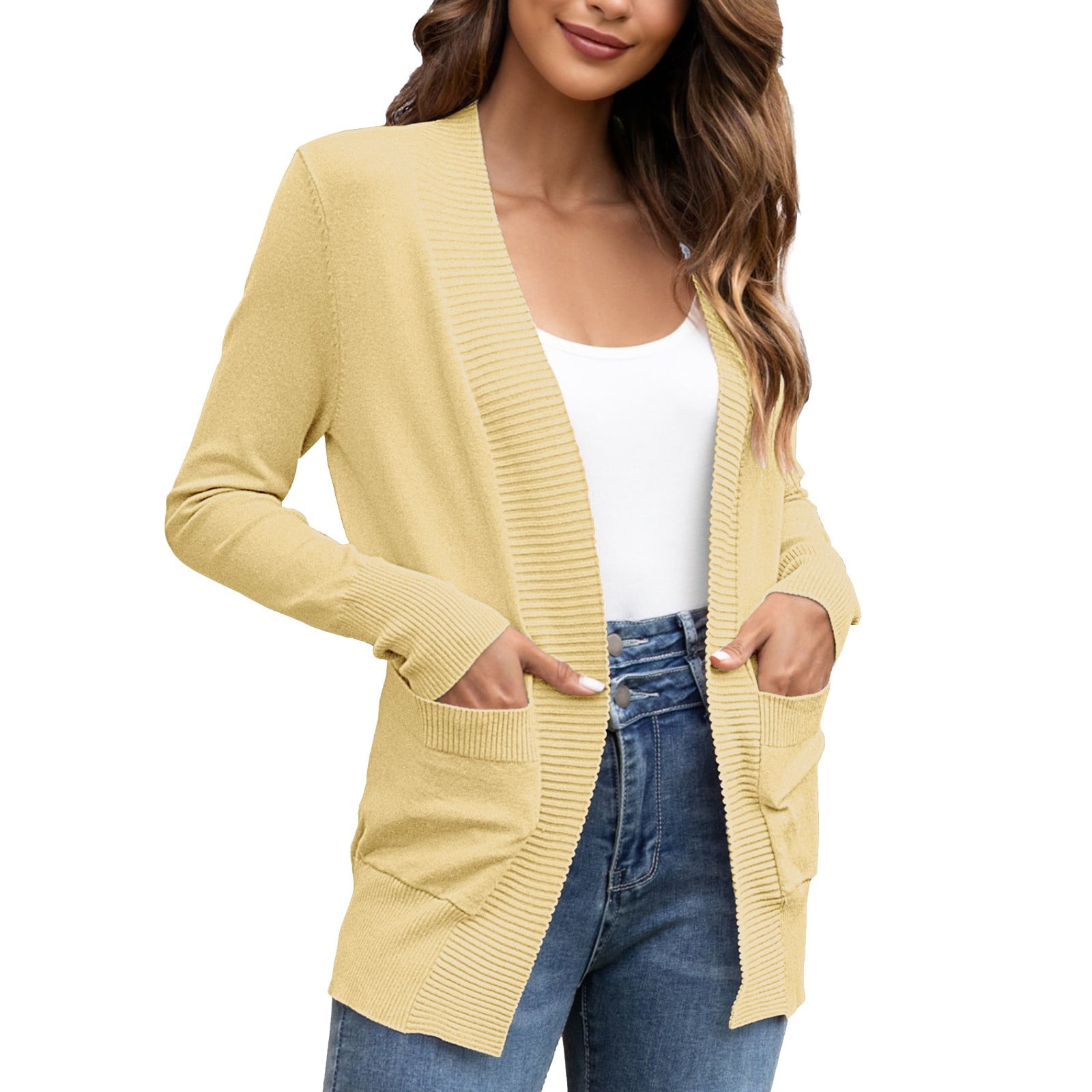 Fulijie Womens Cream Cardigan Cream Sweater Cream Cardigan For Women Womens Sweaters Women s Solid Color Knitted Jacket Cotton Pocket Cardigan Outer Sweater Walmart