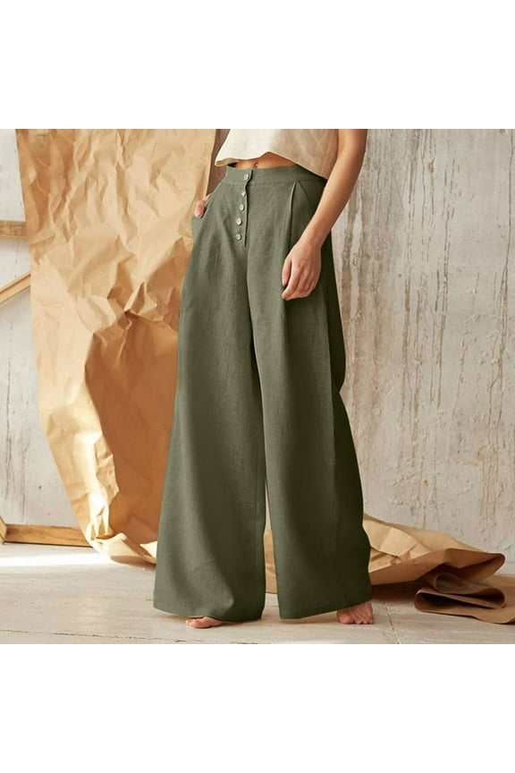 Fulijie Womens Pants,Ladies Solid Color High Waist Casual Button Cotton Linen Wide Leg Pants