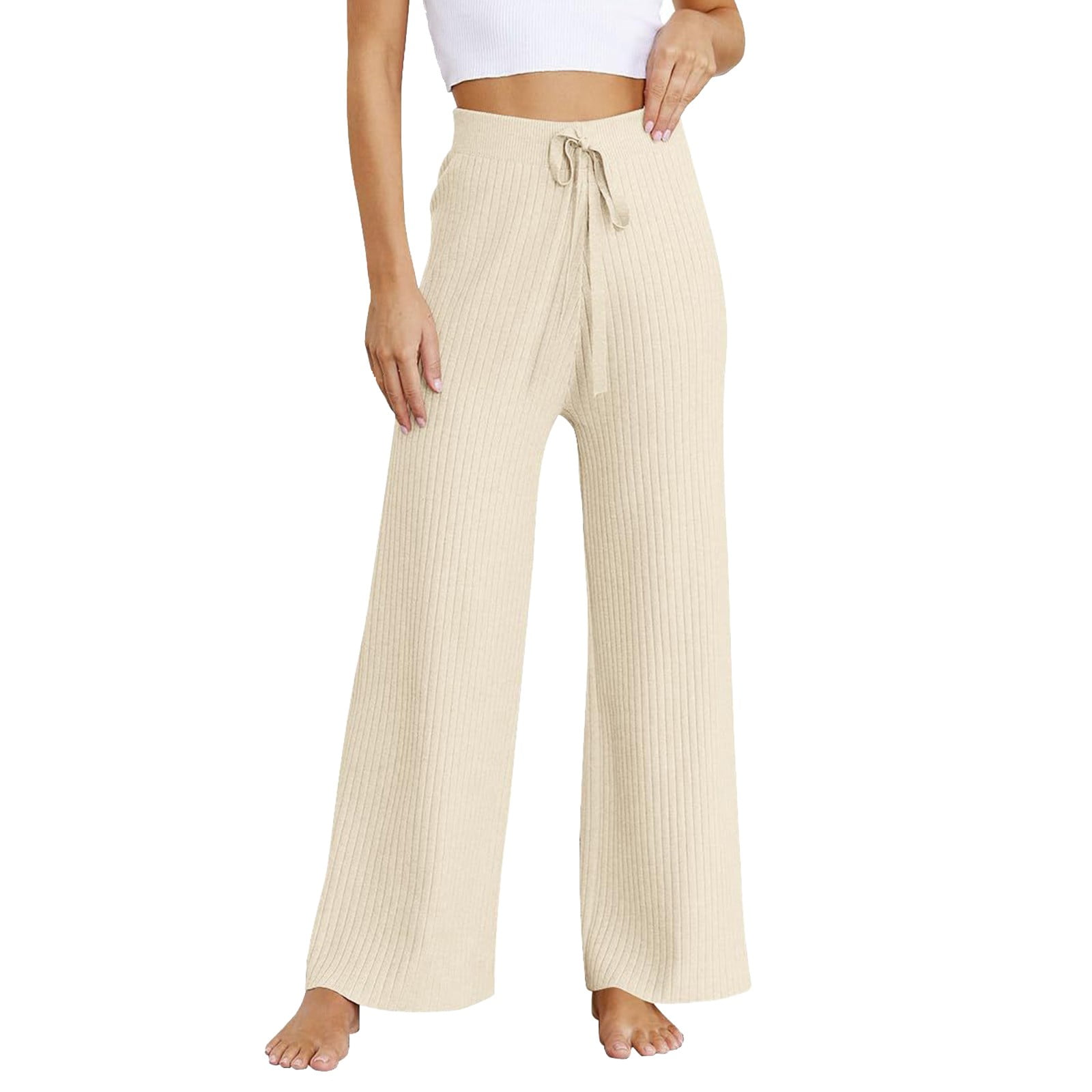 Fulijie Womens Rib Knit Wide Leg Pants Elastic Waist Casual