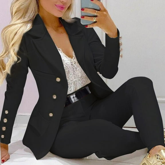 Fulijie Womens Suits Blazer And Pants,Womens Suits Blazer And Pants Black,Womens Fleece Jackets,Women's Solid Two Piece Suit Set Business Office Long Sleeve Jacket And Trouser