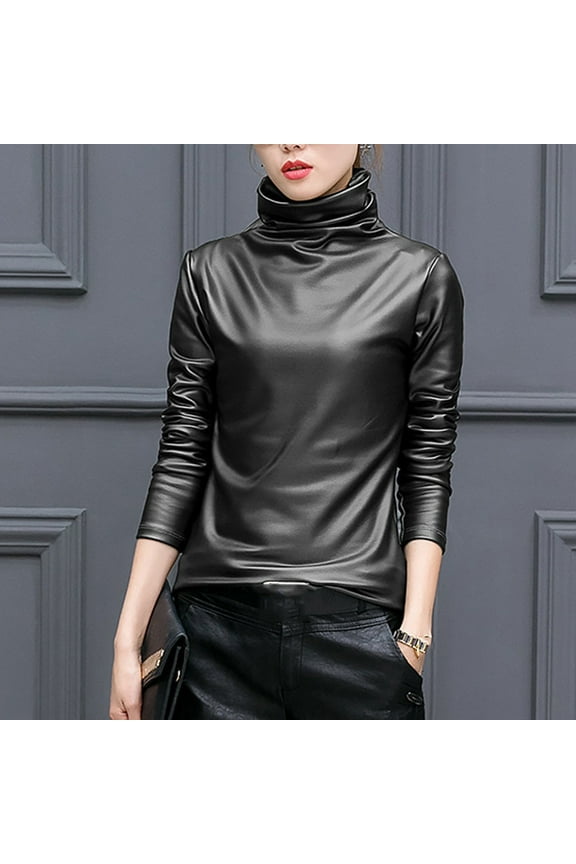 Womens Tops,Women Basic Shirts Faux Leather Solid Turtleneck Long Sleeve Blouse Tops Casual