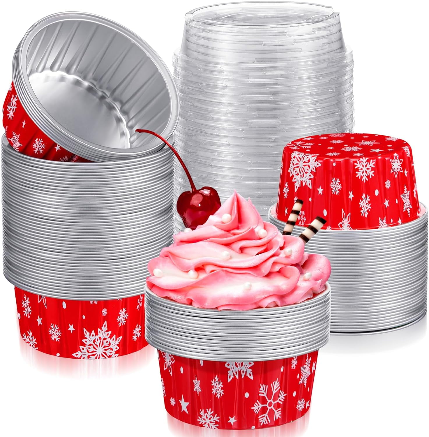 100 Pcs Christmas Aluminum Foil Baking Cups With Lids - 4.3oz Snowflake Design, Disposable Ramekins - View #12