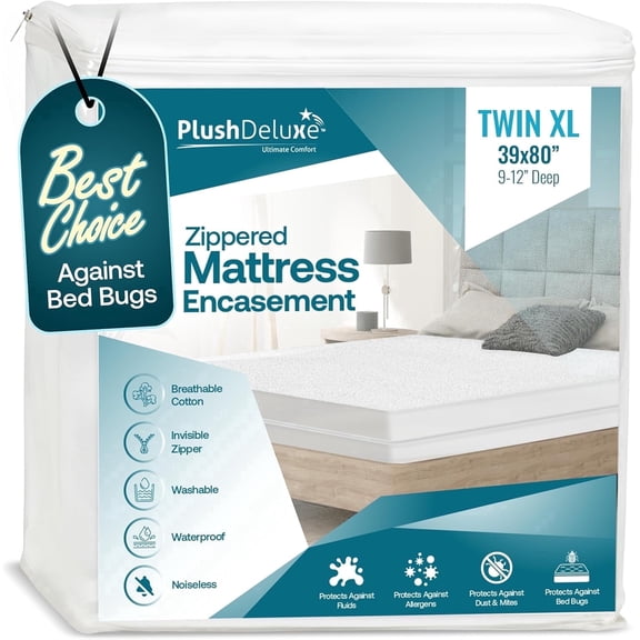 PlushDeluxe Zippered Cotton Mattress Encasement, Waterproof Mattress Protector for 9-12” Mattresses, Twin XL