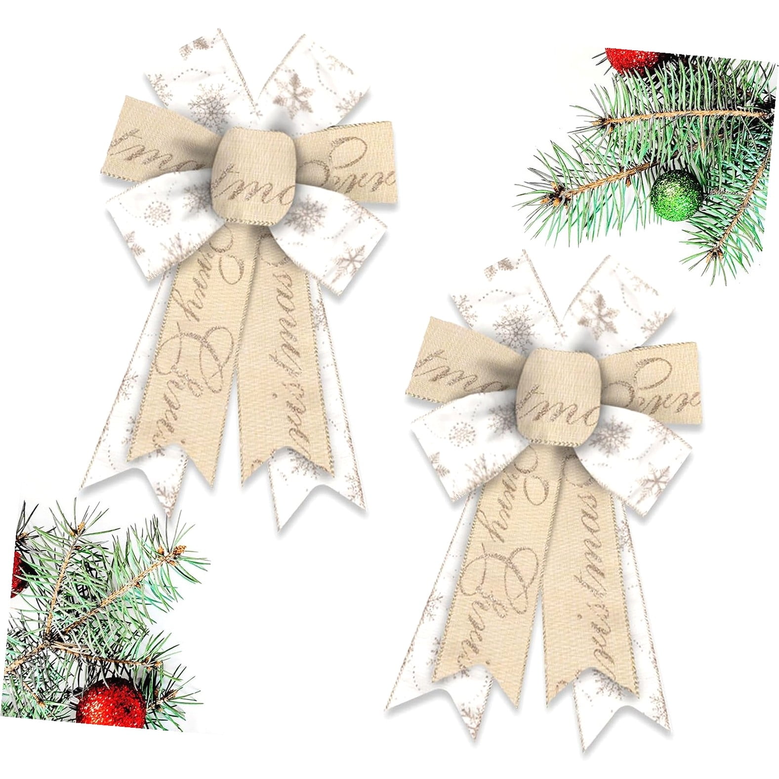 Fuliko 2-Piece Christmas Bows for Wreaths, 8.46 12.99 Inch Beige and White Bow Featuring Merry Christmas and Snowflake Pattern, Wired Craft Bow for