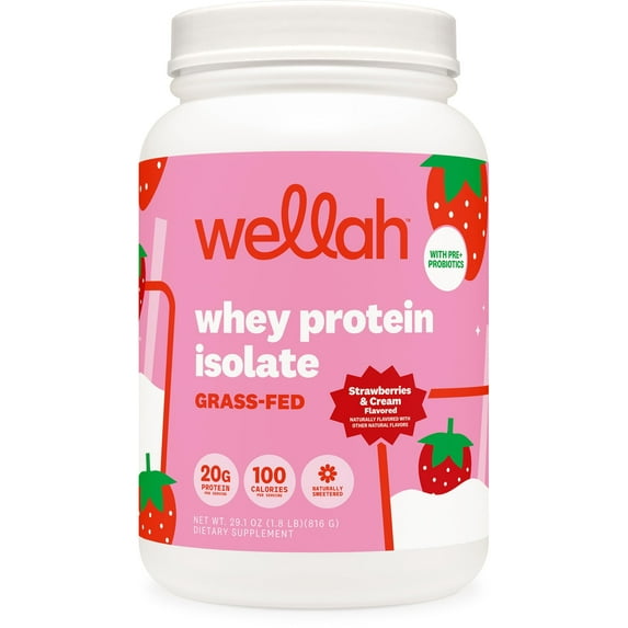 Wellah Grass-Fed Whey Protein Isolate Powder (Strawberries and Cream) 30 Servings - With Prebiotics, Enzymes & Probiotics, 20g of Protein, 100 Calories, Naturally Sweetened