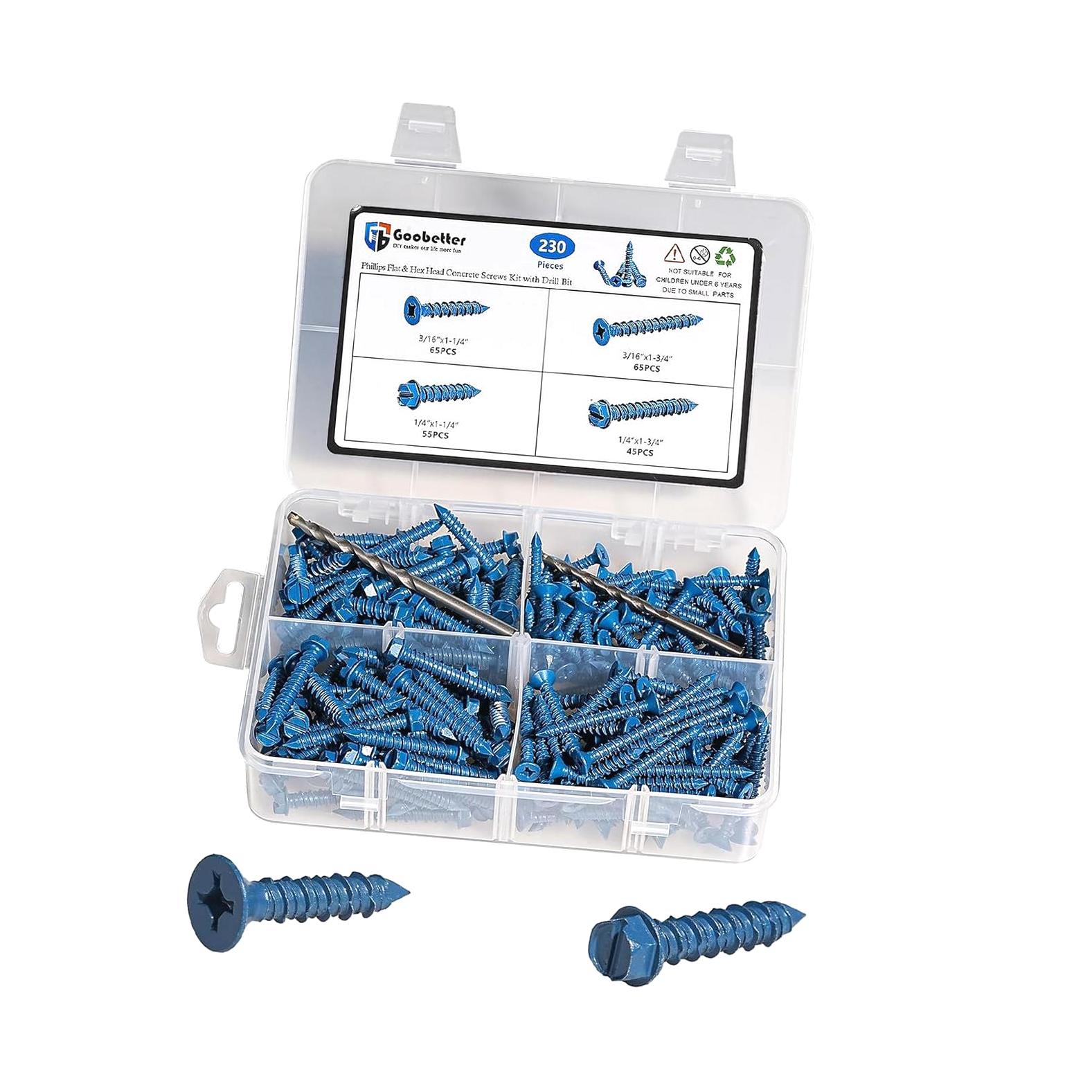 200-Pack 1/4″ X 1-3/4″ Hex Head Concrete Screw Anchor – With Drill Bit & Wrench, Blue Ruspert Finish