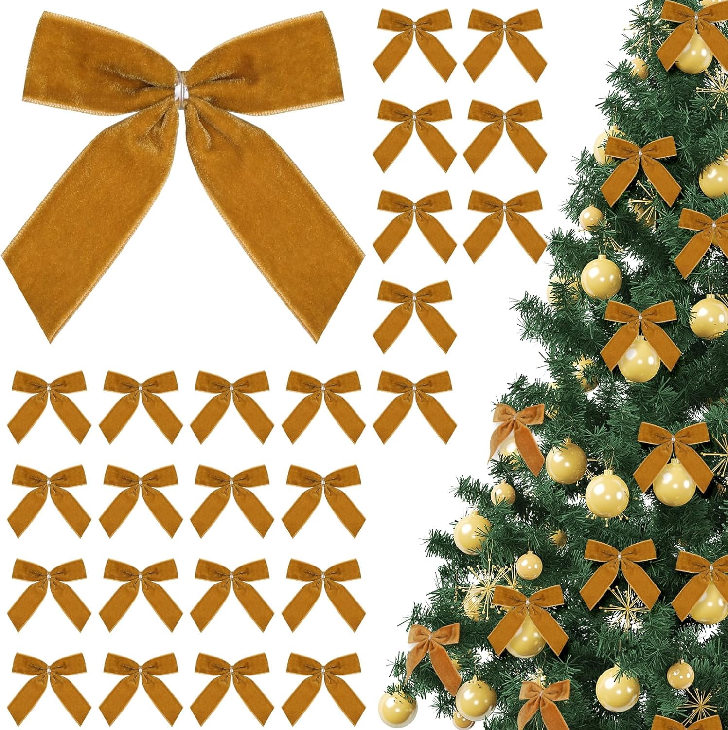 Fuliko 24 Pieces Khaki Small Velvet Christmas Bows for Christmas Tree ...
