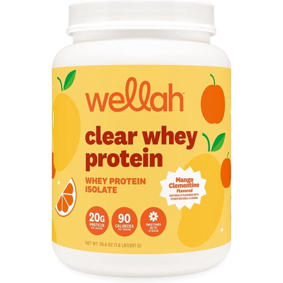 Wellah Clear Whey Protein Isolate Powder (Mango Clementine) 30 Servings - 20g of Protein, 90 Calories, Sweetened with Stevia