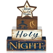 Fuliko 4 Pcs Christmas Table Decor Wooden Signage Holy Night Tiered Tray Decor Nativity Scene Centerpieces Farmhouse Wooden Set Xmas Table Sign for