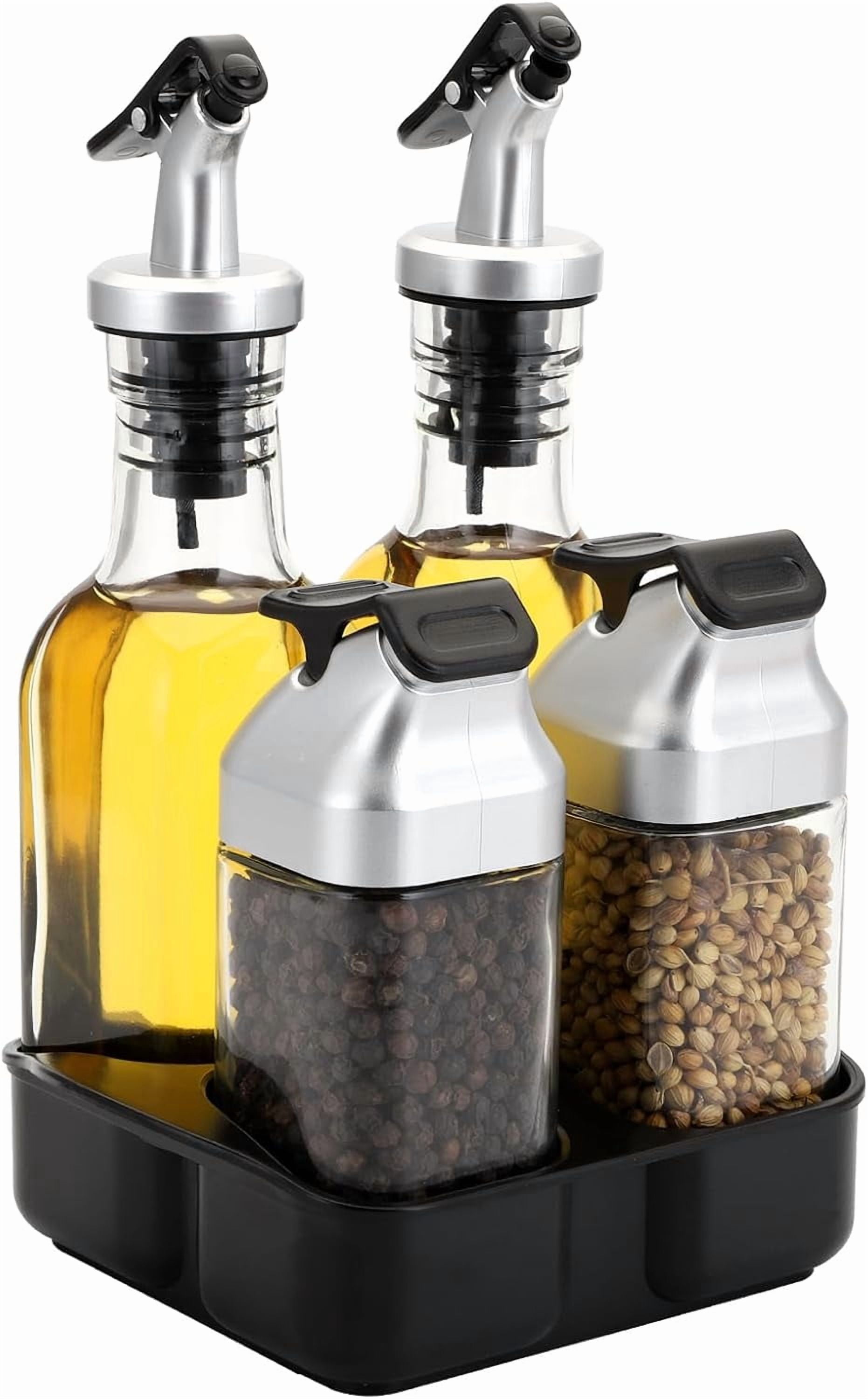 Fuliko 5 PCS Oil Vinegar Dispenser Bottles Set with Caddy Stand, Tabletop Salt Pepper Shaker Olive Oil Vinegar Cruets Set with Tray for Kitchen