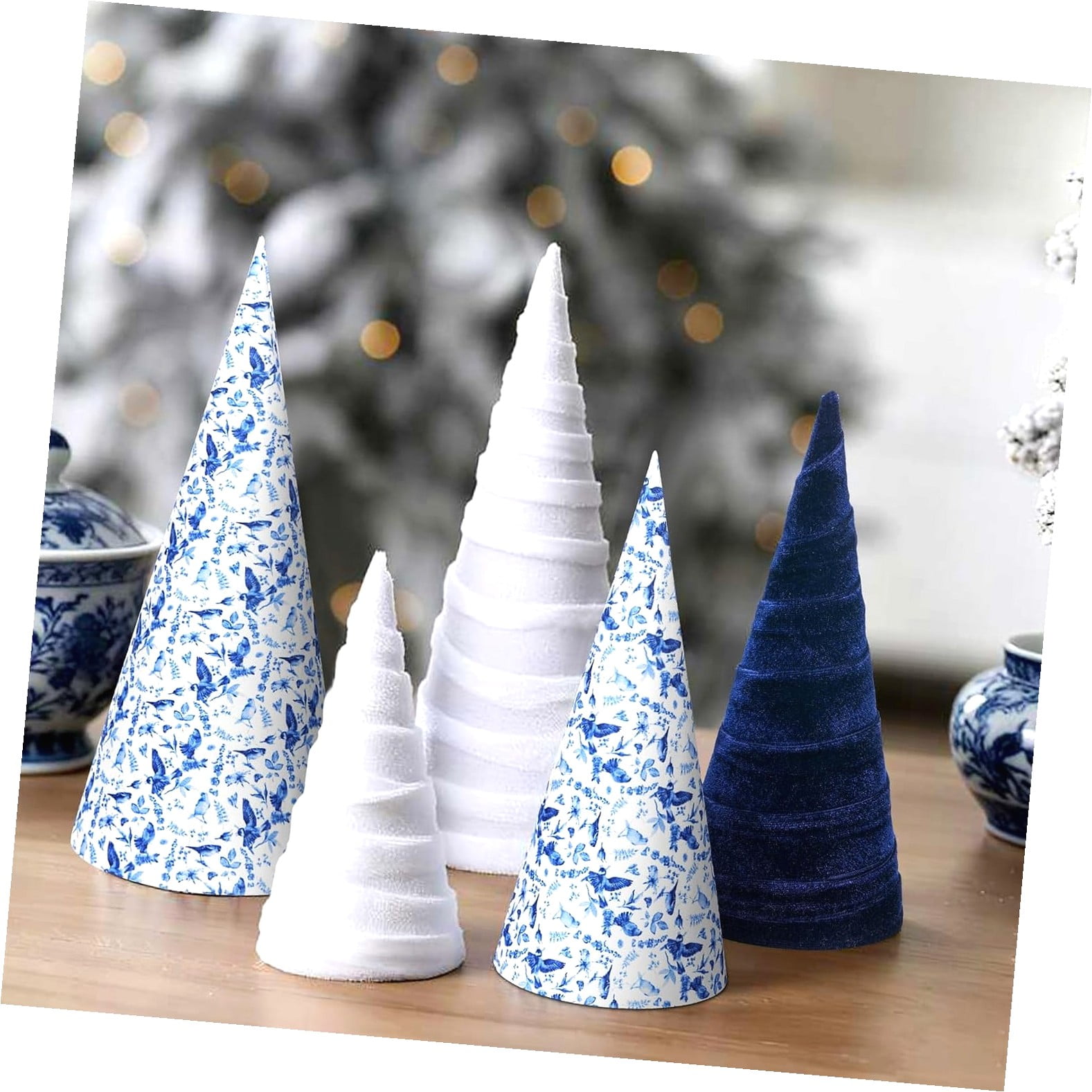 Fuliko 5 Pcs Blue and White Chinoiserie Christmas Cone Trees Floral ...