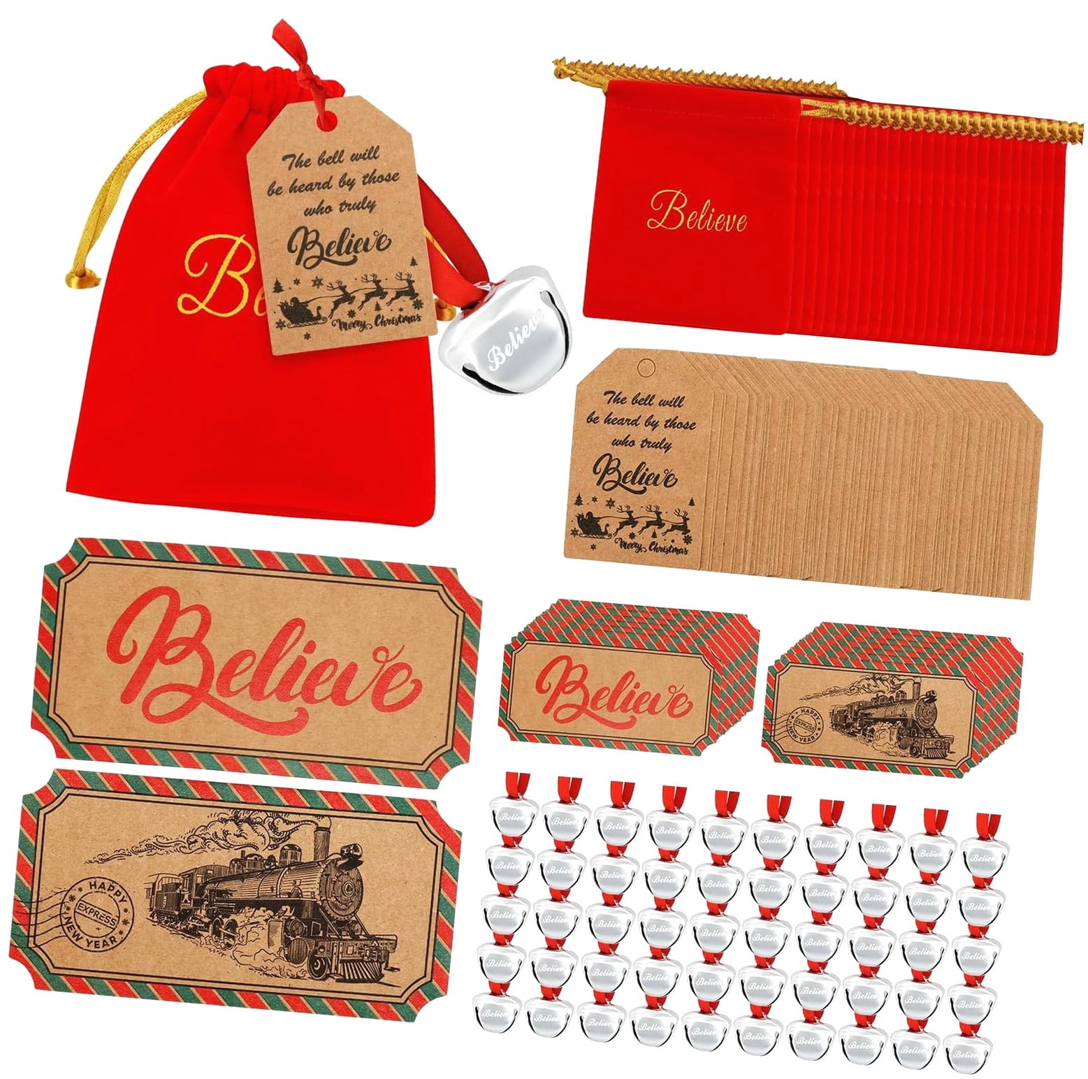 Fuliko 50 Sets Christmas Believe with Tags Red Velvet Bag, Christmas Jingle Tree Decoration for Xmas Tree Decorations Party