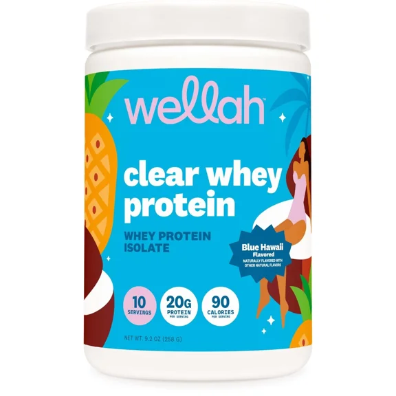 Wellah Clear Whey Protein Isolate Powder (Blue Hawaii) 10 Servings - 20g of Protein, 90 Calories, Sweetened with Stevia