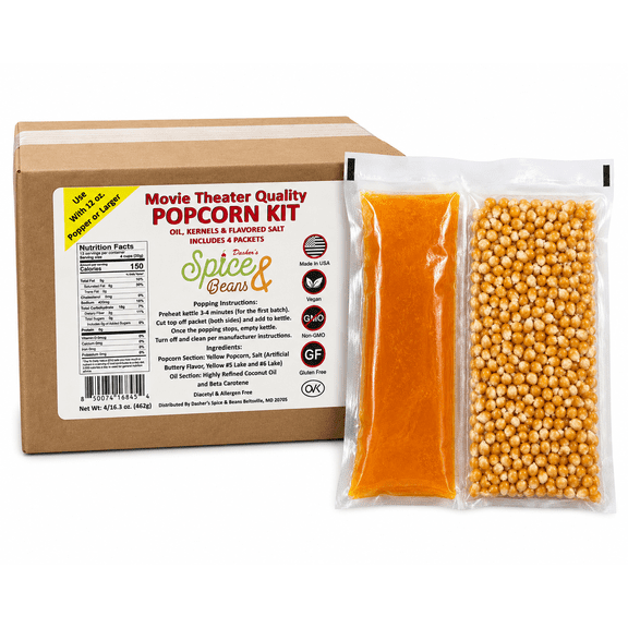 Home Theater All in One Popcorn Kit For 12 oz. Popper Portion Packets with Kernels, Oil and Flavored Salt By Dasher's Spice & Beans