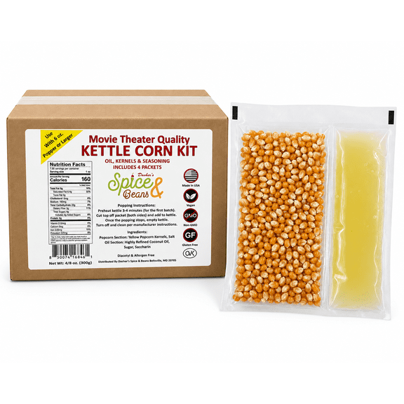 Home Theater All in One Kettle corn Kit For 6 oz. Popper Portion Packets with Kernels, Oil and Seasoning By Dasher's Spice & Beans Pack of 4
