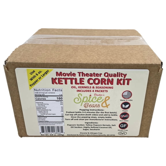 Home Theater All in One Kettle corn Kit For 6 oz. Popper Portion Packets with Kernels, Oil and Seasoning By Dasher's Spice & Beans Pack of 4