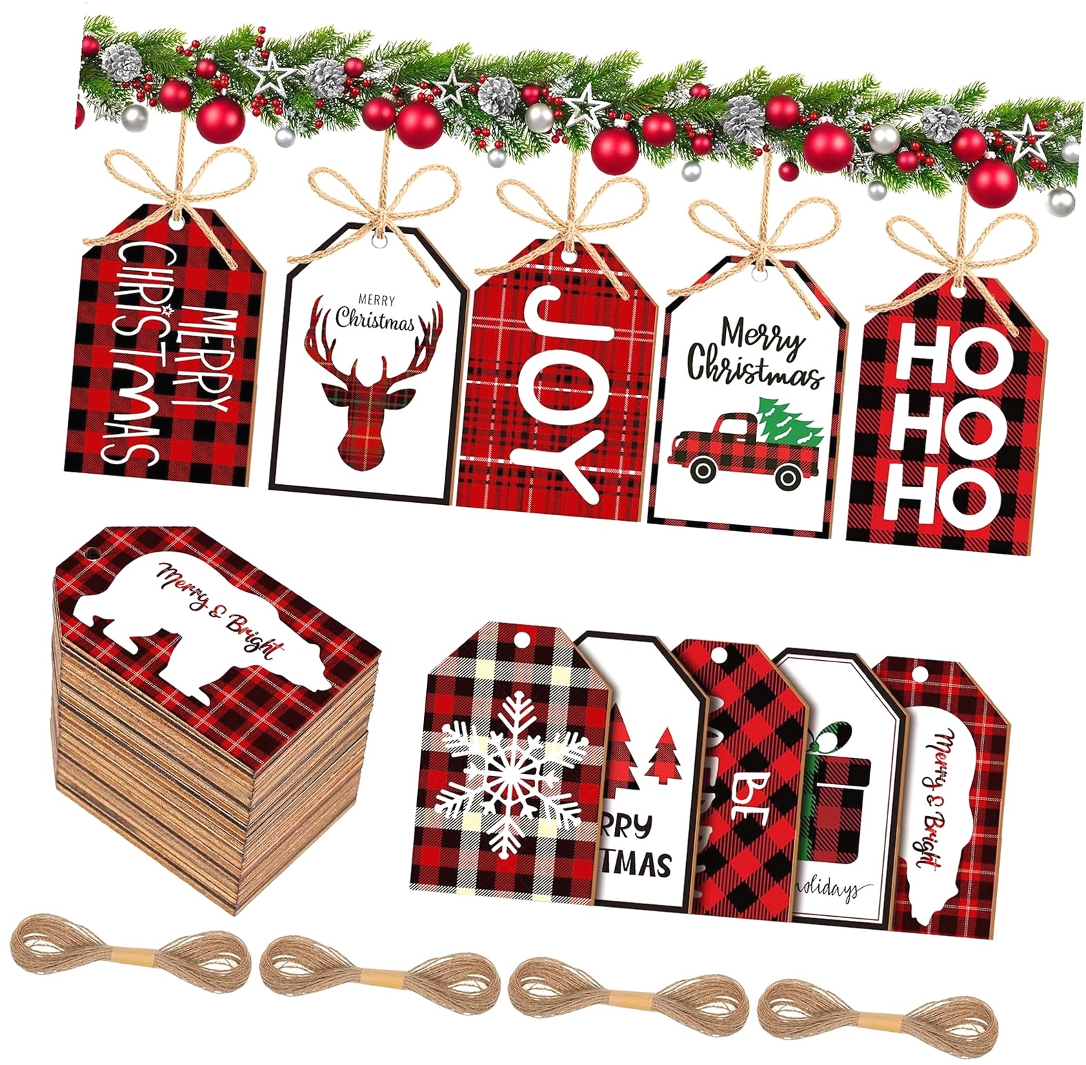 Fuliko 60 Pieces Christmas Ornaments Xmas Wooden Tag Labels Checkered ...