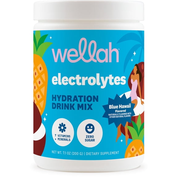 Wellah Electrolytes Powder (Blue Hawaii) 50 Servings - Hydration Drink Mix, 7 Vitamins & Minerals, Zero Sugar