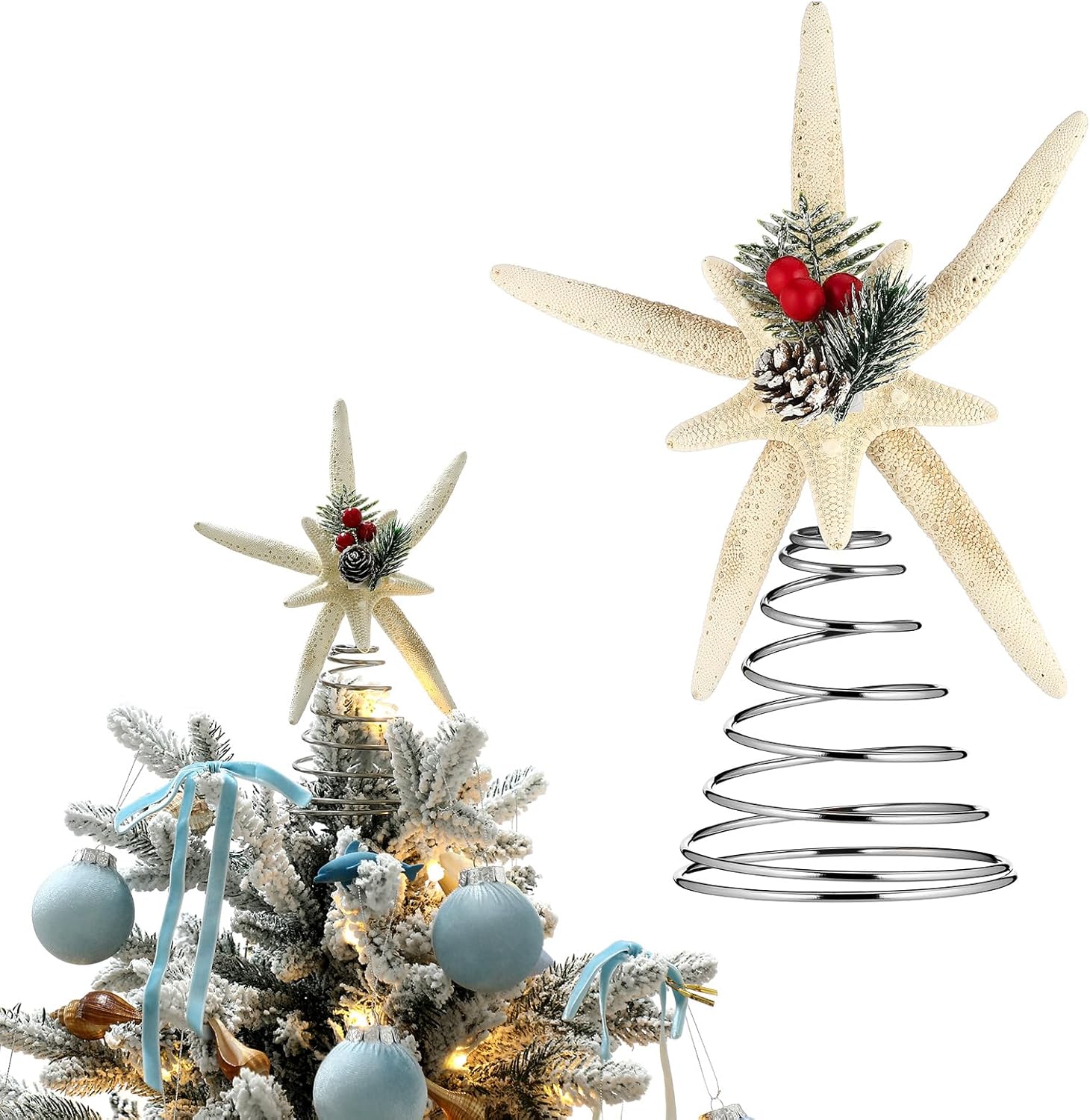 Fuliko 8.6 Inch Christmas Starfish Tree Topper Beach Tree Topper with ...