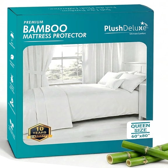PlushDeluxe Bamboo Mattress Protector, Twin Size (39” x 75”), Waterproof, Breathable, Noiseless Bed Cover, White