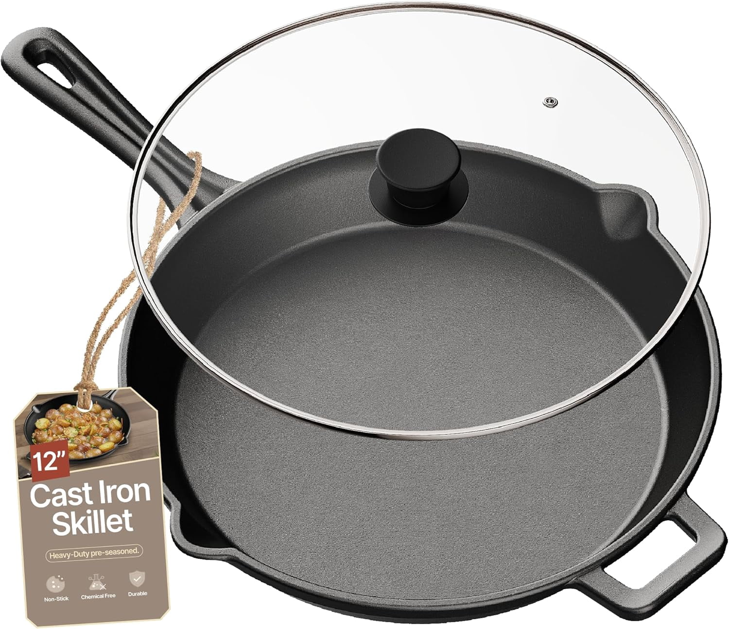 Bakken Pre Seasoned Cast Iron Skillet with Glass Lid & Silicone Handle, 12" Frying Pan for Stove, Oven, Grill & Induction, Even Heat Distribution