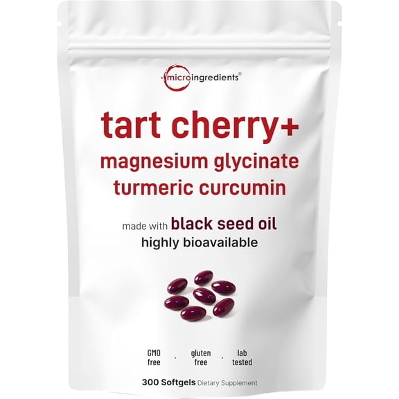 Micro Ingredients Tart Cherry+ with Magnesium Glycinate & 95% Turmeric Curcumin, 300 Softgels | Tart Cherry Extract Supplement