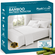PlushDeluxe Waterproof Mattress Protector, Viscose Derived from Bamboo, Ultra Soft and Breathable, King, White, 76" x 80", Fits Up to 18" Deep