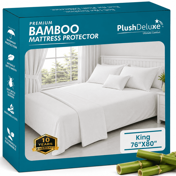PlushDeluxe Waterproof Mattress Protector, Viscose Derived from Bamboo, Ultra Soft and Breathable, King, White, 76" x 80", Fits Up to 18" Deep