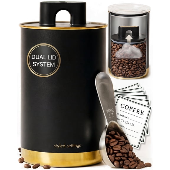 STYLED SETTINGS Vacuum Coffee Canister with Airtight Lid – Stainless Steel Coffee Storage Container with Scoop & Label, Black and Gold, 1.5 lb Capacity
