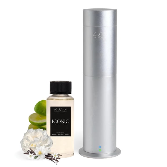 Luxscent Collection Waterless Aroma Diffuser Starter Kit, Silver Iconic, 120ml Essential Oil, Covers up to 1000 Sq ft