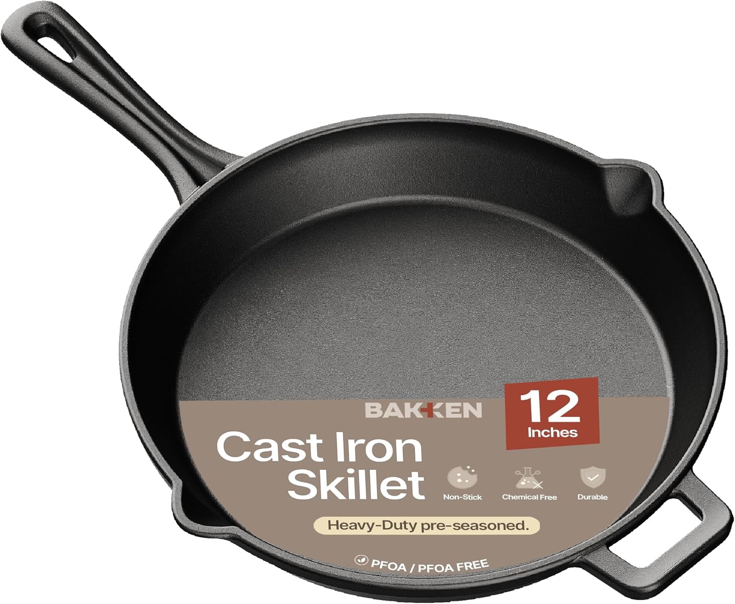 Bakken Cast Iron Skillet 12" Pre-Seasoned Frying Pans with Even Heat Retention, Versatile for Stove, Oven, Grill & Campfire, Easy-Grip Handles