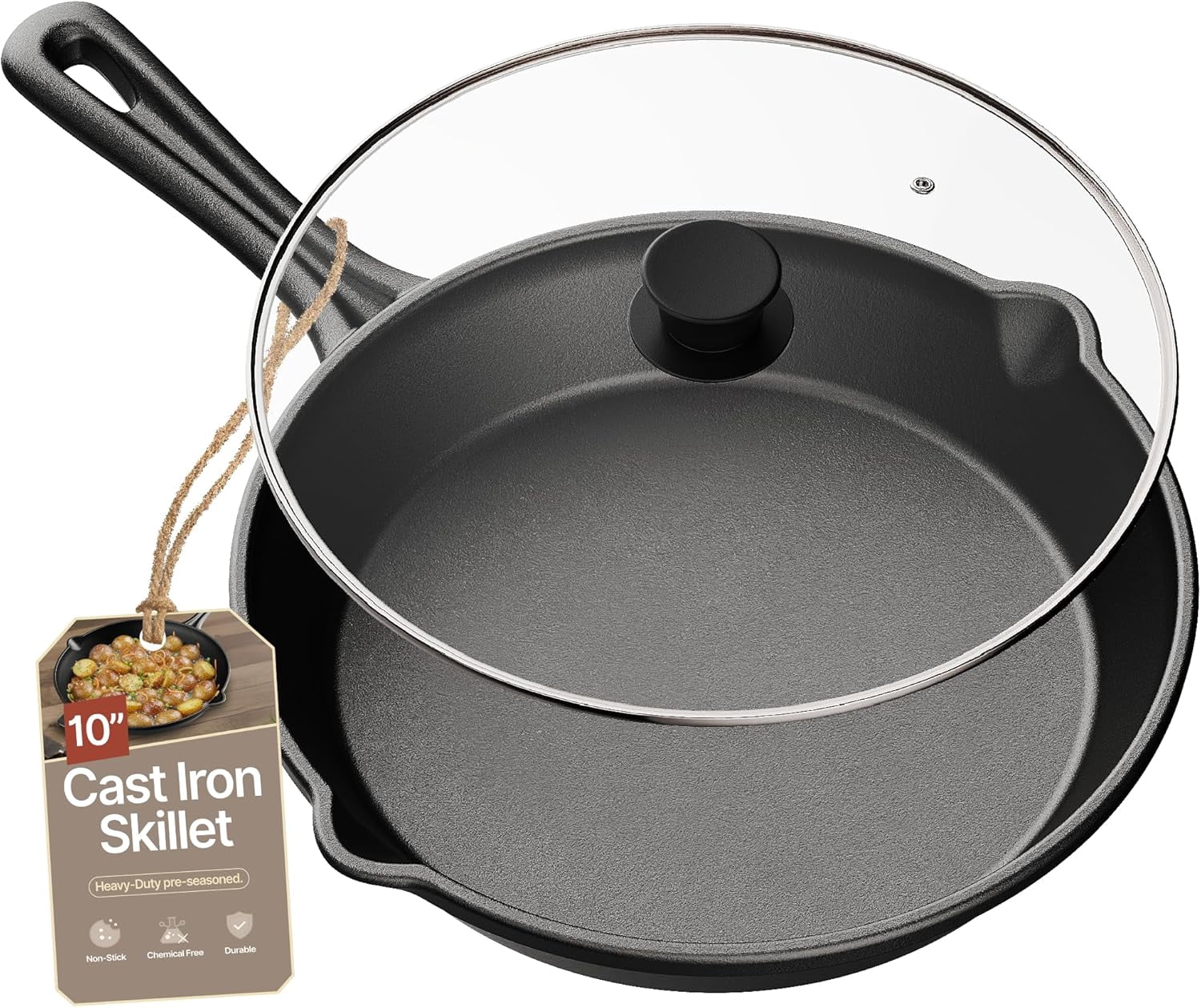 Bakken Pre Seasoned Cast Iron Skillet with Glass Lid & Silicone Handle, 10" Frying Pan for Stove, Oven, Grill & Induction, Even Heat Distribution