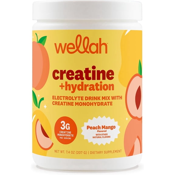 Wellah Creatine + Electrolytes Powder (Peach Mango) 30 Servings - Hydration Drink Mix with 3g of Creatine Monohydrate