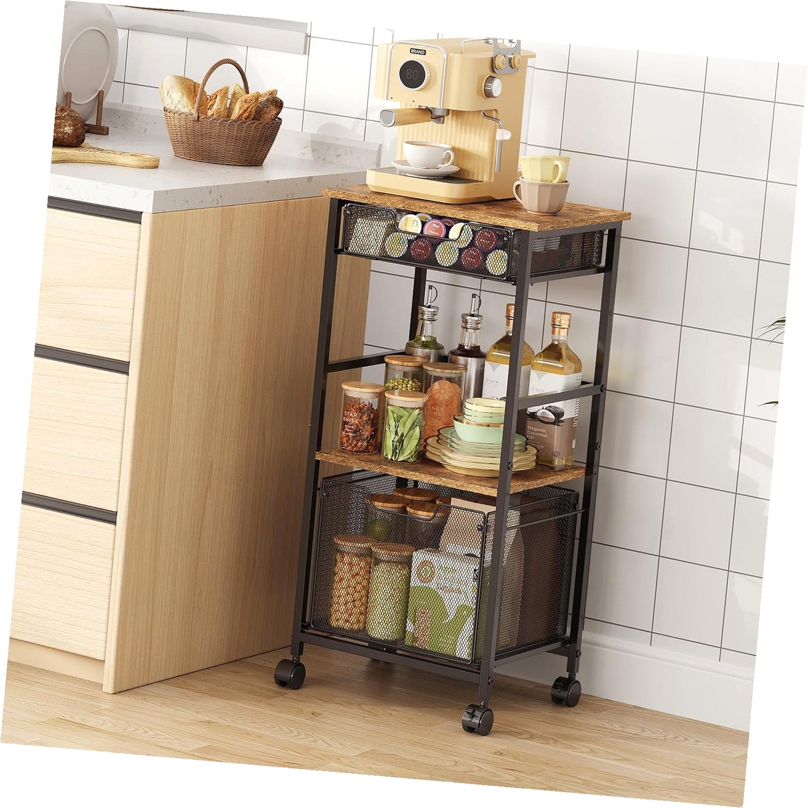 Fuliko Kitchen Storage Cart with Drawers, 4-Tier Rolling Kitchen Cart ...