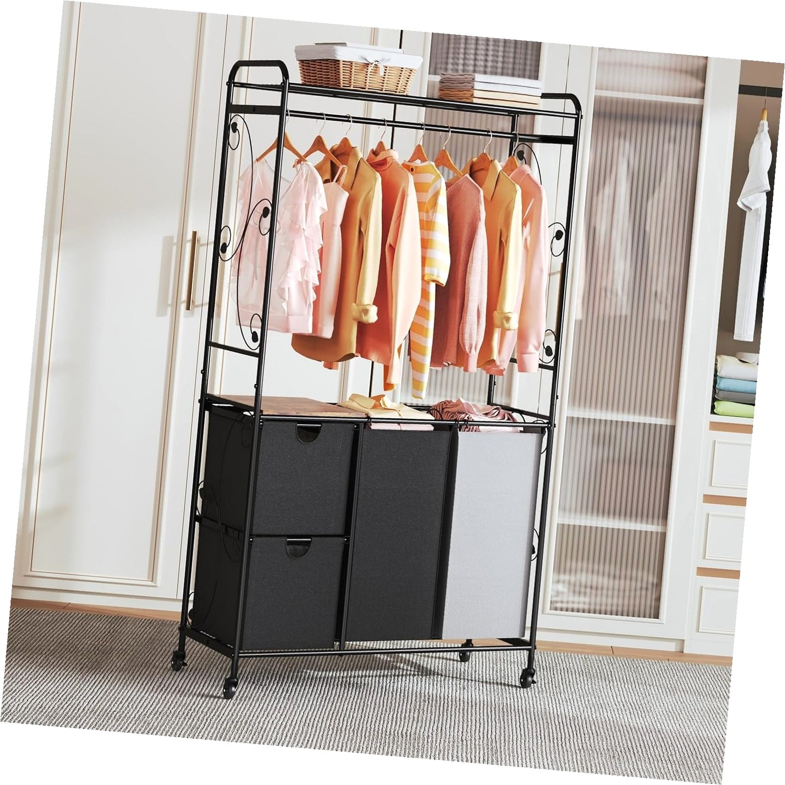 Fuliko Laundry Hamper with Hanging Rack and Wheels, Removable Hamper ...
