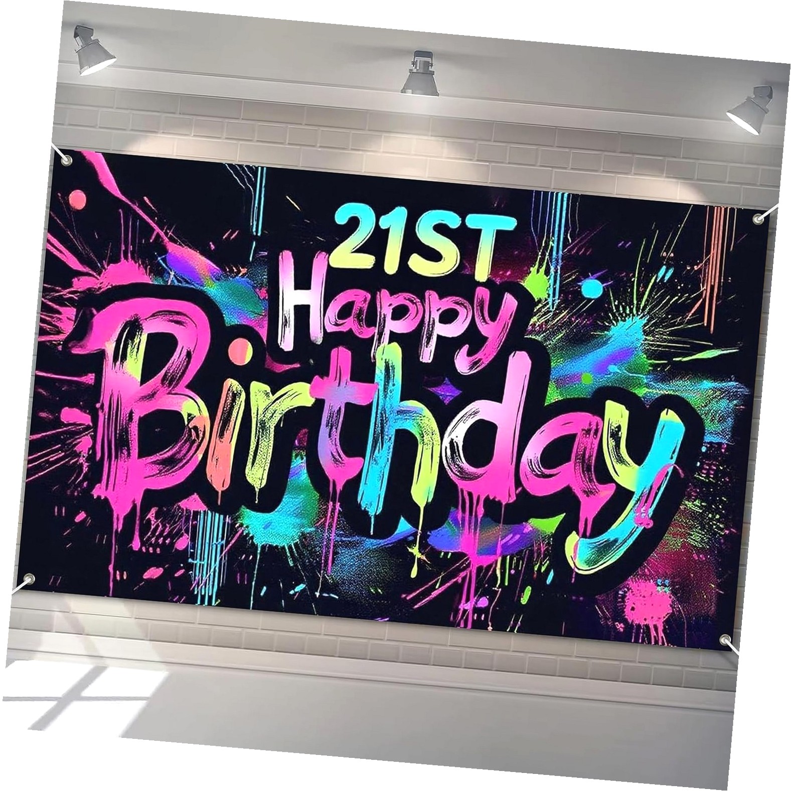 Twenty First Banner Fuliko Neon 21st Banner 71x43 Inch Paint Splatter Party Backdrop Wall ...