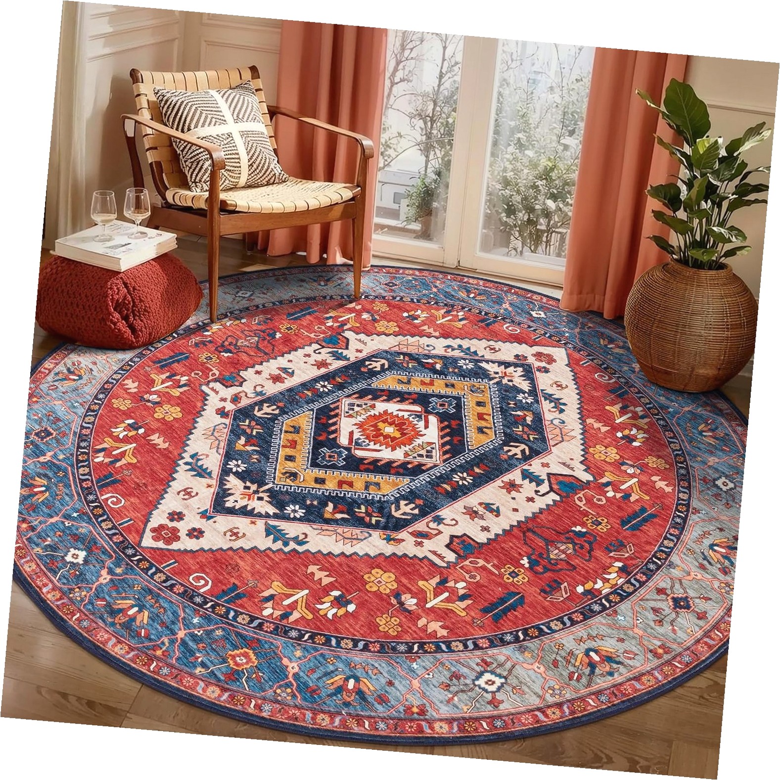 Fuliko Round Area Rug, 5ft Washable Circle Rug, Soft Oriental Rust Low ...
