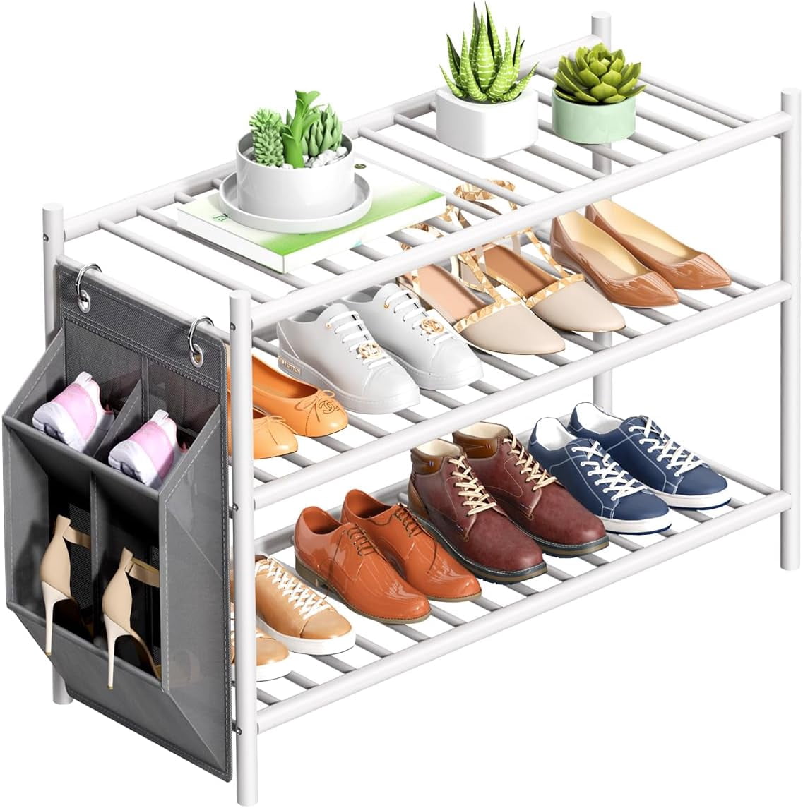 Fuliko Shoe Rack for Closet Small Wooden Shoe Organizer with Pouch ...