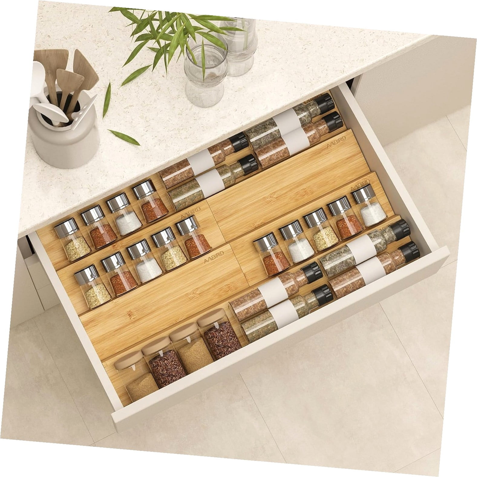Fuliko Spice Drawer Organizer with Mat,4 Tier 2 Set Jar Spice Rack Tray ...