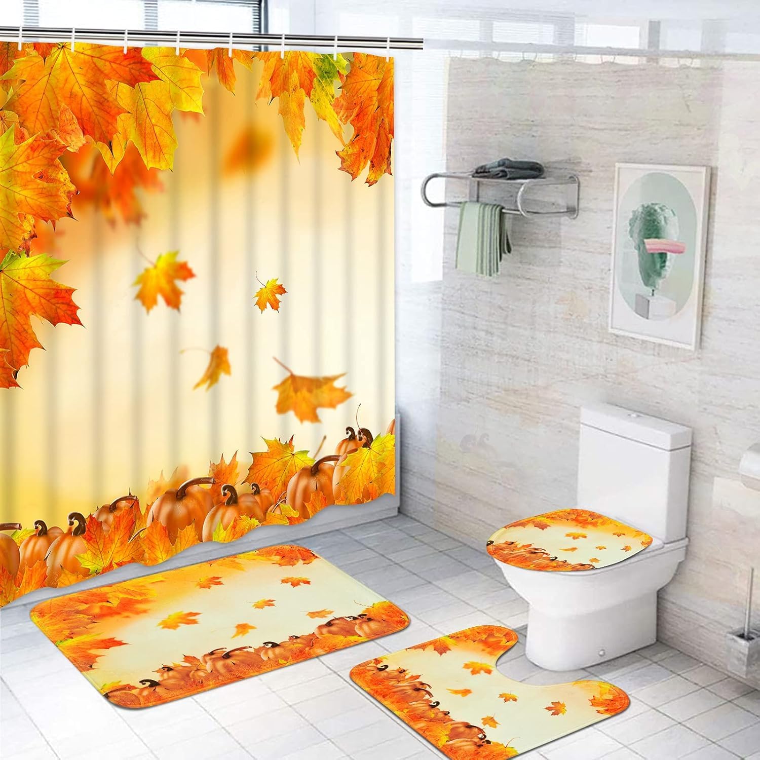 Fuliko Thanksgiving Shower Curtain Bathroom Sets with Rugs, Toilet Lid
