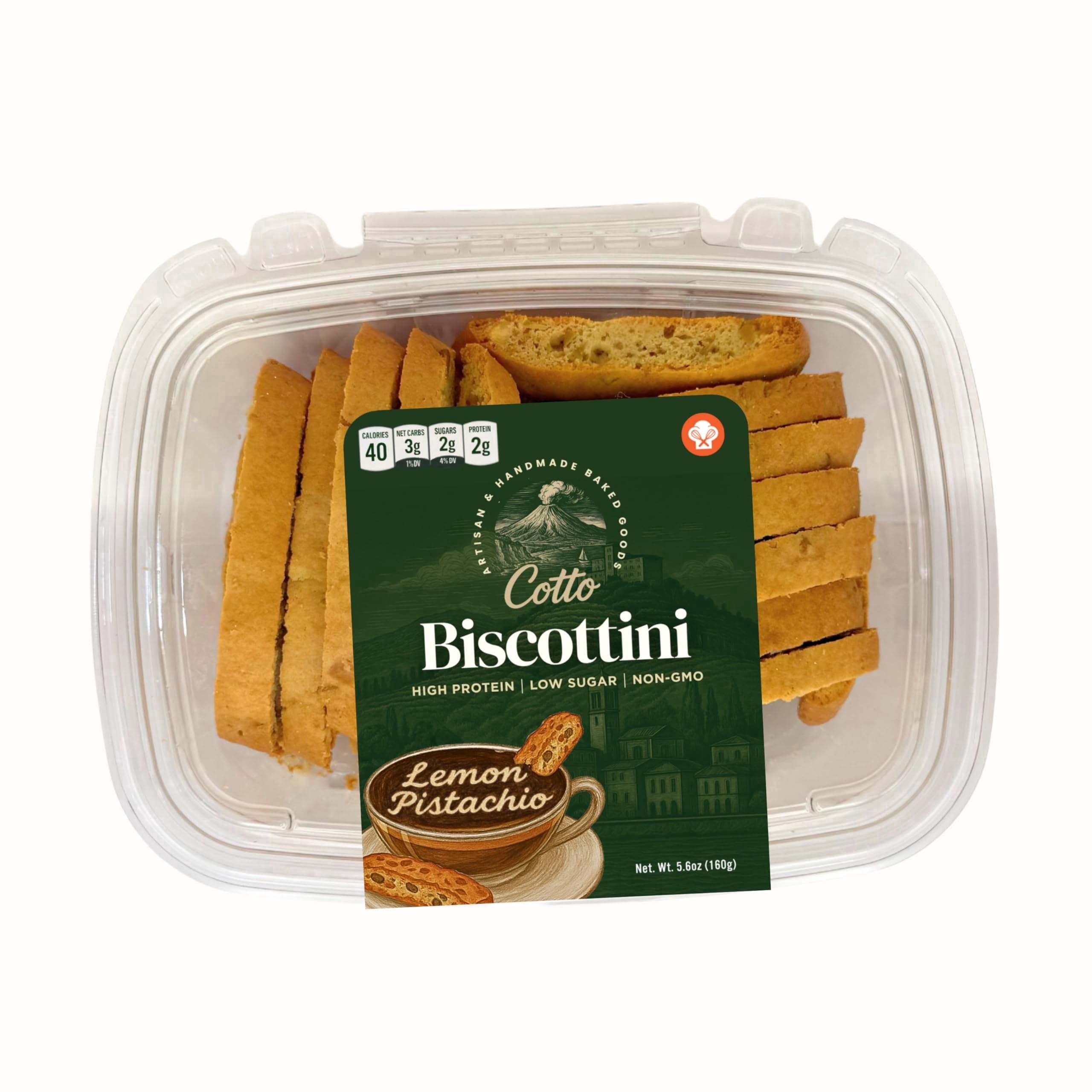 Lemon Pistachio Biscottini – Keto Friendly - 3g Net Carbs & 2g Sugar - High Protein, Authentic Italian Style, Low Carb, Low Sugar, Gourmet Biscotti Cookie Snack