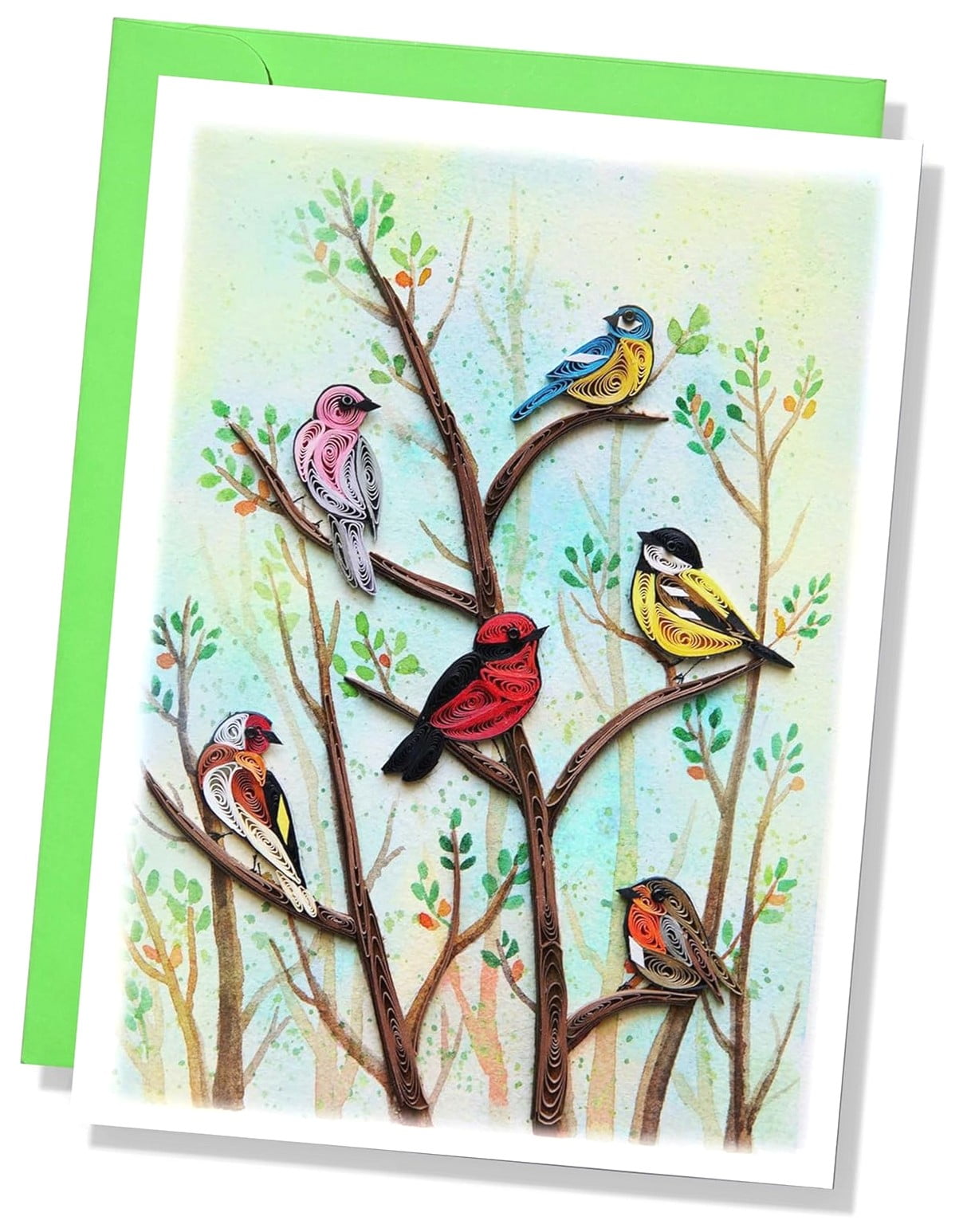 Autumn Thanksgiving Quilling Art Card - Birds & Fall Garden Design, Watercolor Style, 5x7 Inch With Envelope